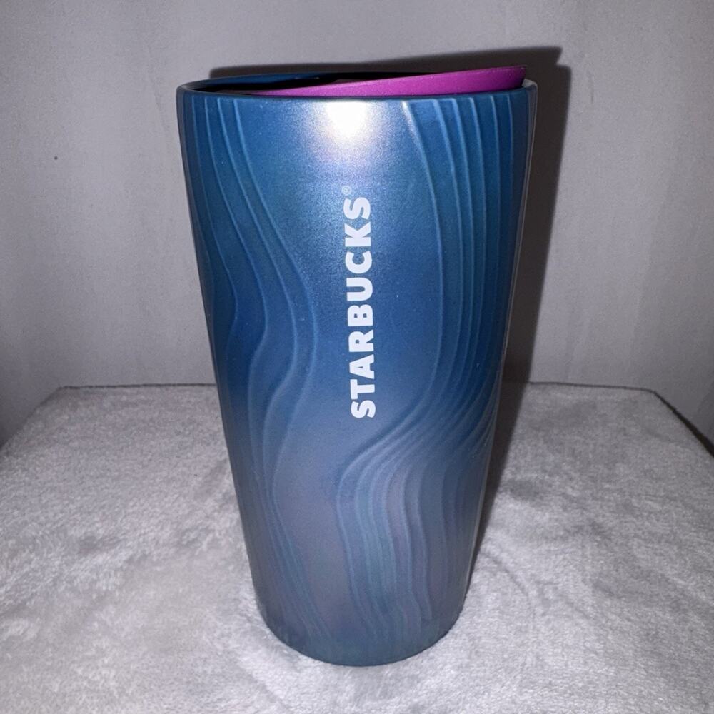 Starbucks Cup 2022 Spring Blue Teal Iridescent Ceramic Tumbler 12 oz W Lid EUC